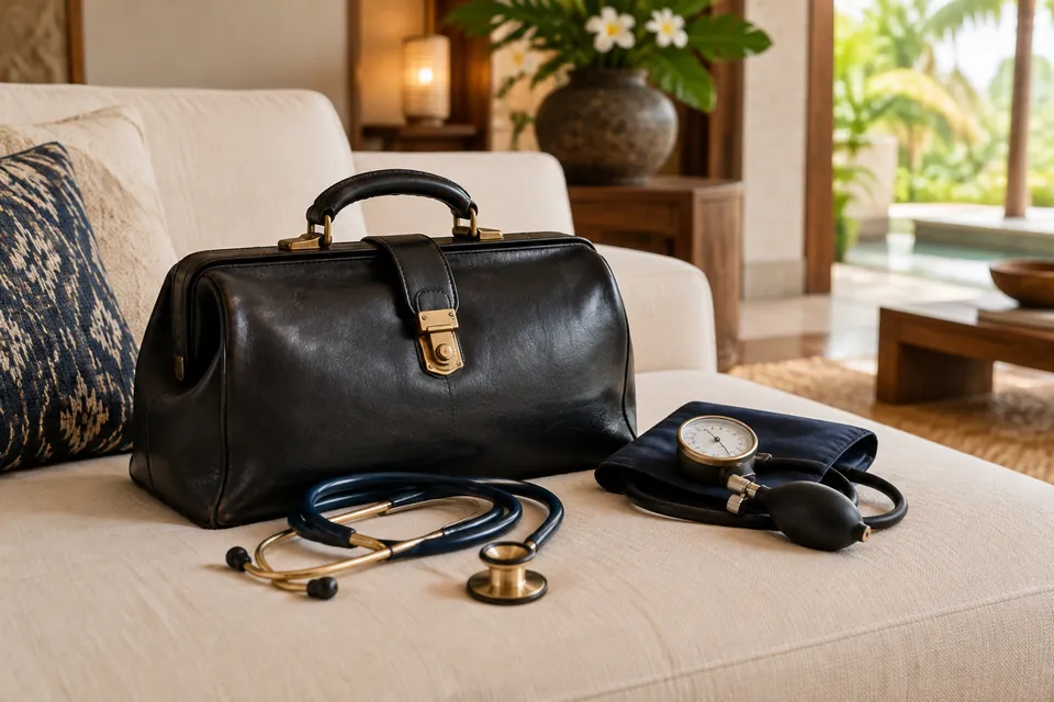 Illustration: doctor's bag, stethoscope and blood pressure cuff on a villa sofa for doctor on call in Bali