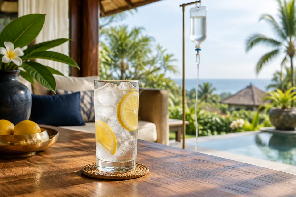 Illustration: iced lemon water and an IV hydration bag on a Bali villa terrace