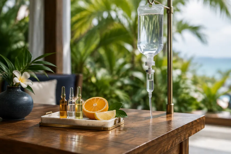 Illustration: IV bag, vitamin ampoules and orange slices on a villa table for immunity support