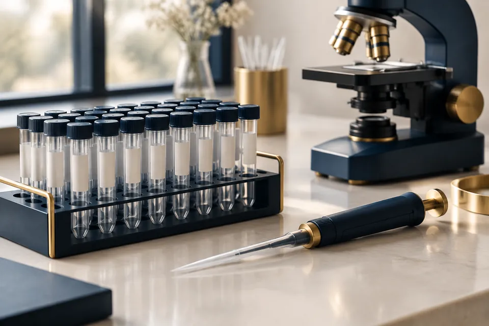 Illustration: sample tubes, pipette and microscope for lab tests at your villa in Bali