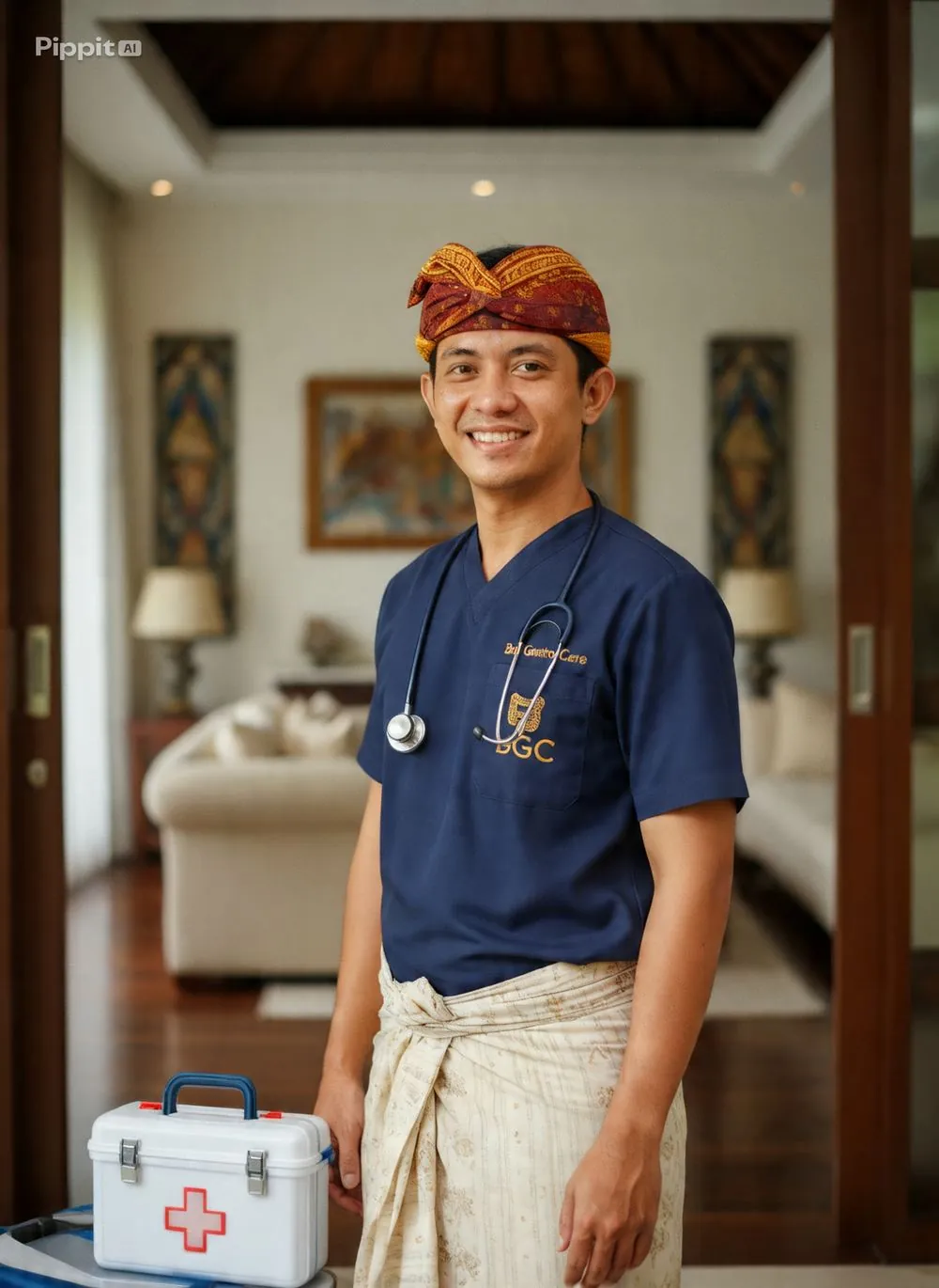 BGC doctor in traditional Balinese attire, ready for home visit