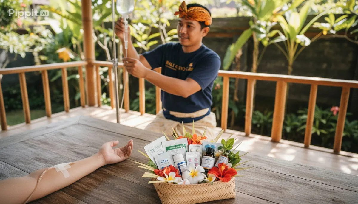 Bali Gastro Care treatment basket with medicines and frangipani flowers